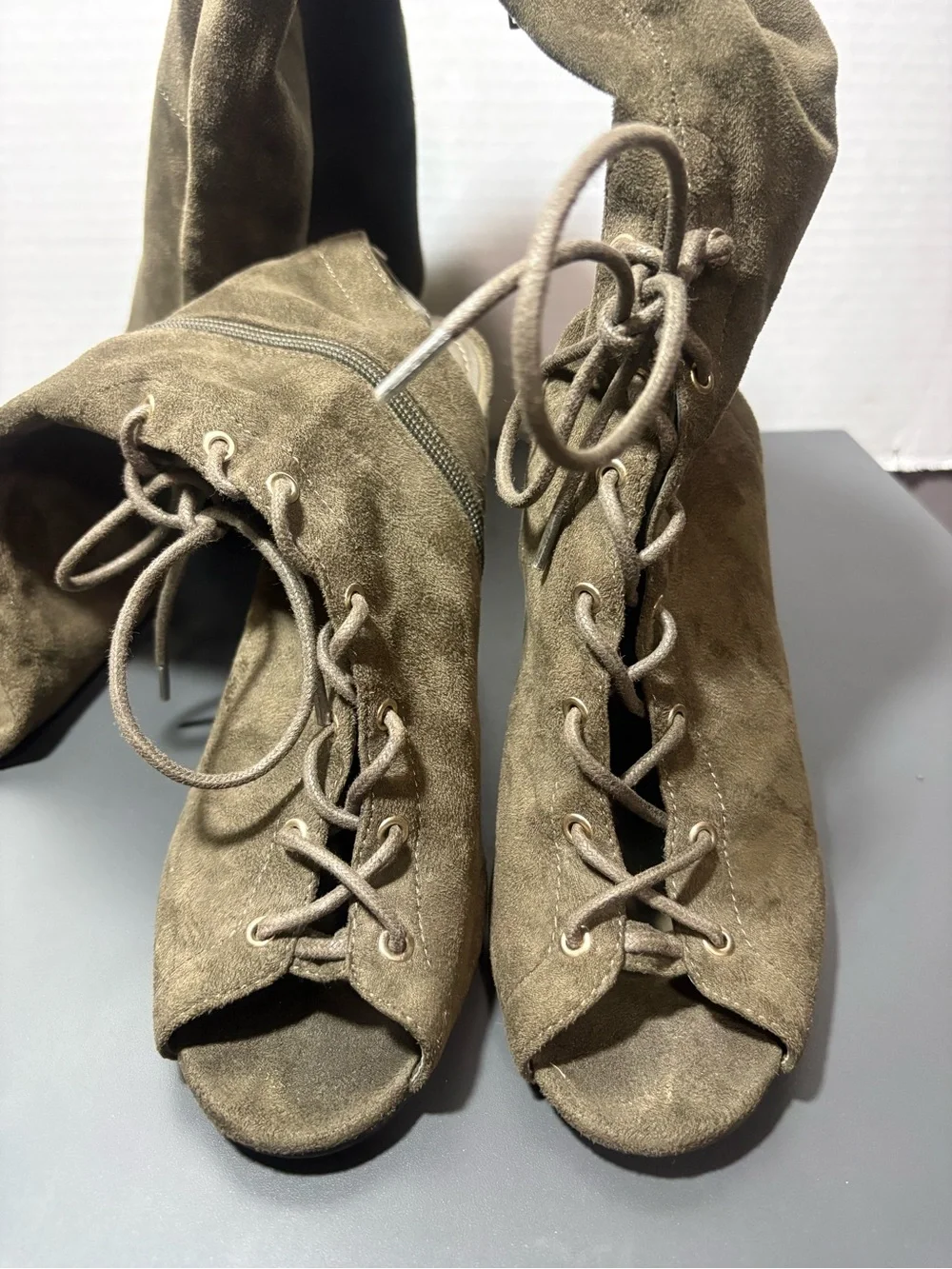 GUESS Over-the-Knee Lace-Up Peep-Toe Boots in Olive Green